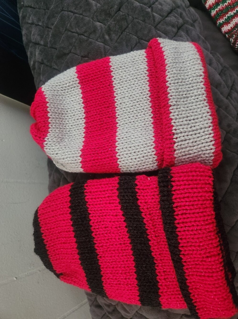 Teen- Adult Striped Hand Knitted! Hot Pink Beanie Hats- Cozy Fall Winter Knit.